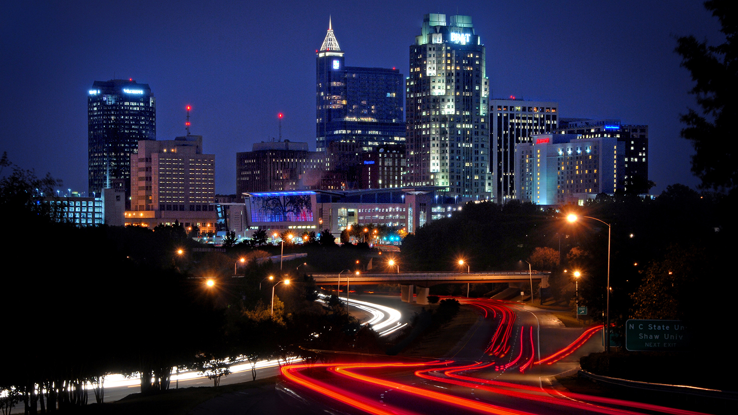 City of Raleigh skyline in the early evening.