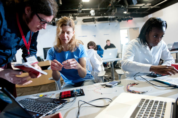 Students work with Arduino components in a special class at the Hunt Library.