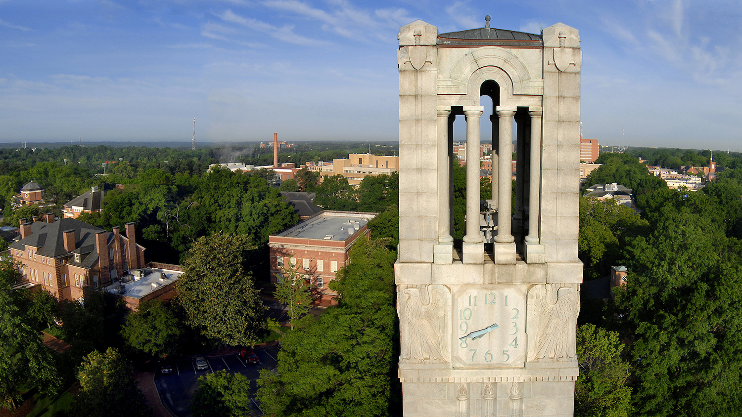 Aerial shot of NC State's Memorial Bell tower