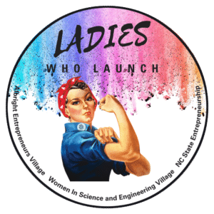 a design for a pin featuring the we can do it world war 2 era icon and says ladies who launch