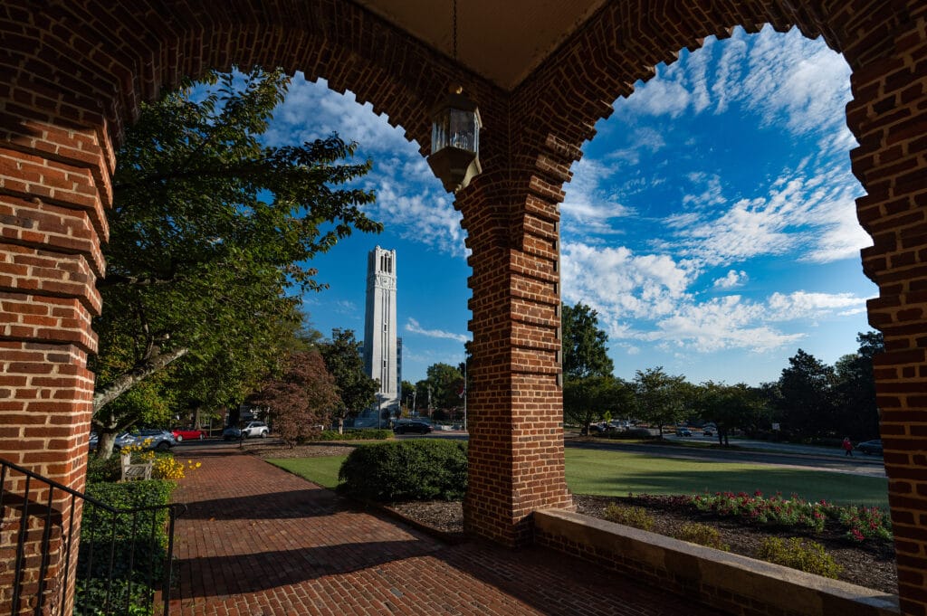 The NC State Belltower in early fall.