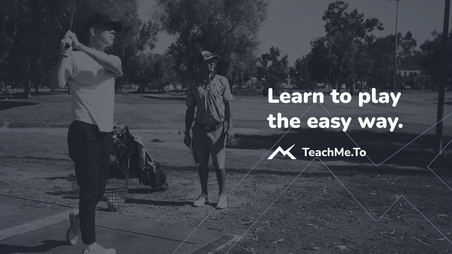 two golfers teeing off with the teachme.to logo