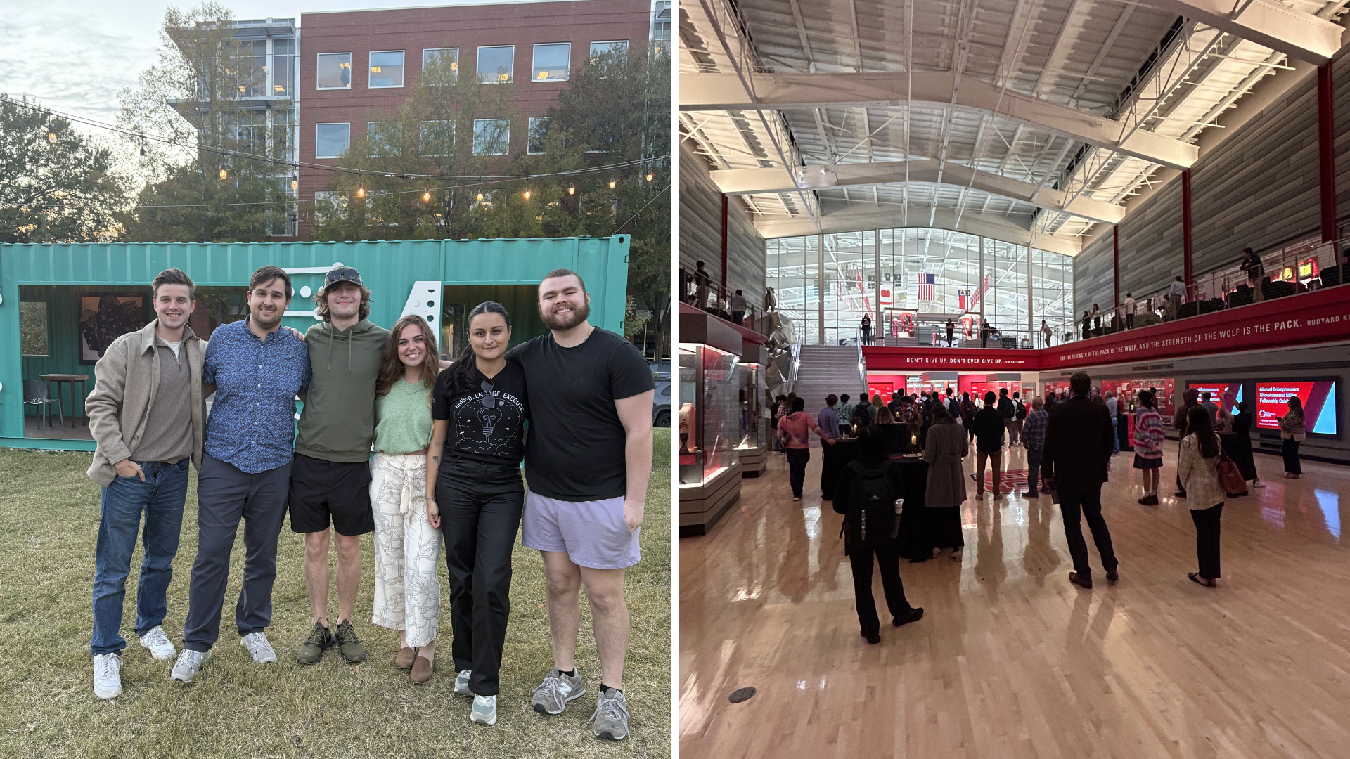 Two pictures. Left: group of people standing for a photo. Right: audience in reynolds coliseum