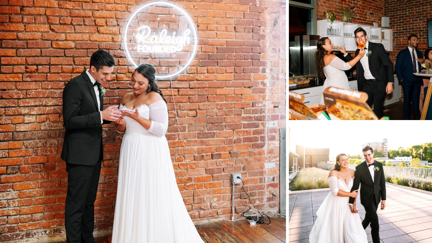 Multiple photos of a bride and groom posing and eating pizza.