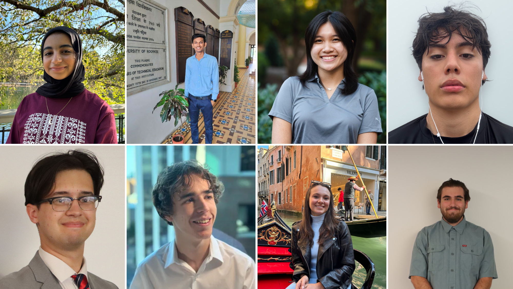 A collage of eight college students smiling or posing.
