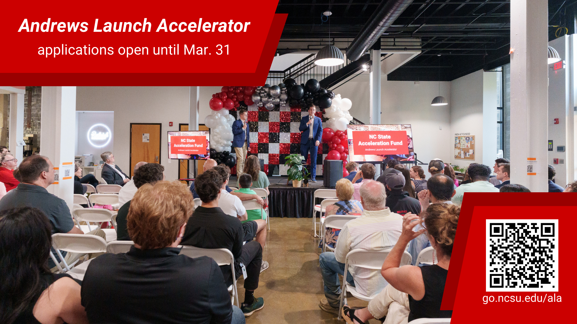 Graphic for ALA applications with a picture of two people pitching to an audience.